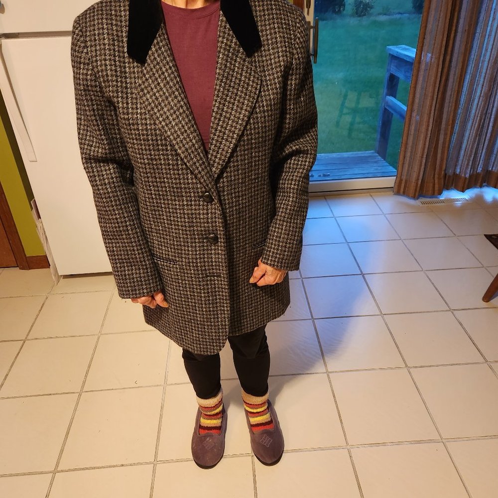 Vintage International Scene Wool Plaid Suede Collar Blazer Jacket: